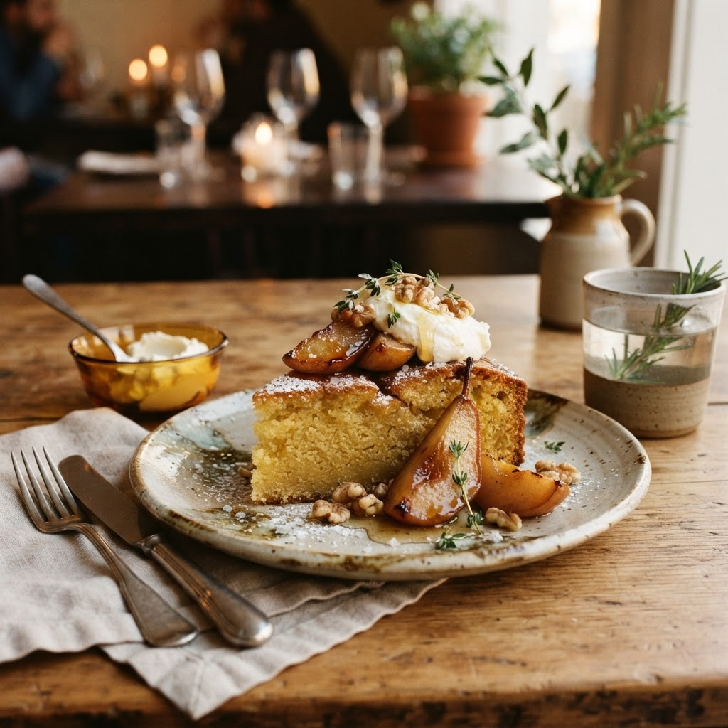 Olive oil cake plated with roasted pear